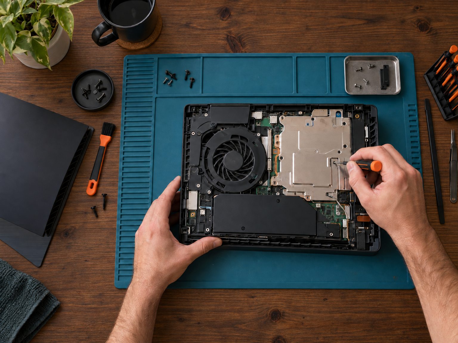 Hands repairing an open game console on a teal silicone mat and spruce workbench